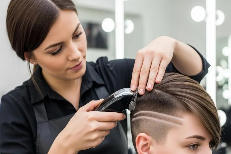 A hairstylist using clippers on the side of a short haircut with bangs, clean lines visible. 