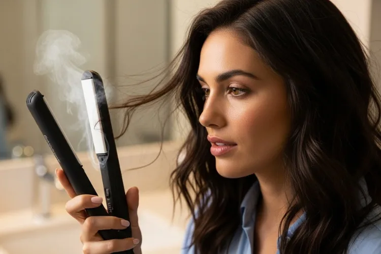 Realistic image showing a woman holding a hair straightener emitting heat.