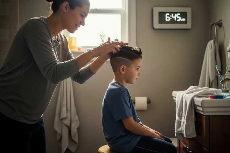 Morning bathroom scene with a parent quickly styling a child’s hair using just water and hands.