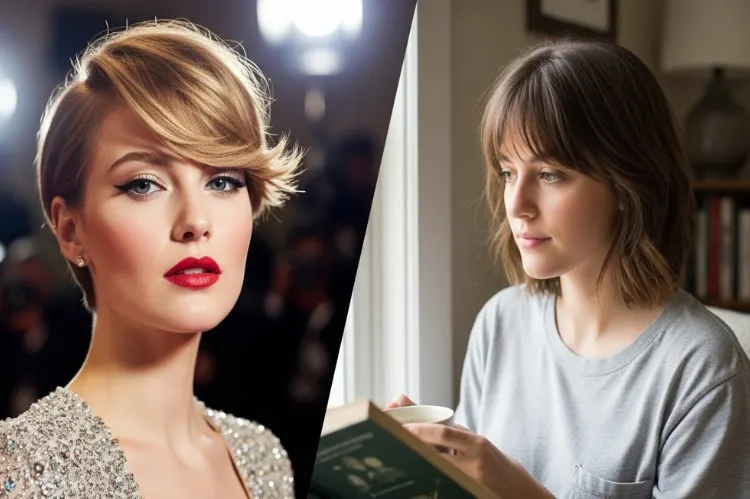 A split-scene image: one side shows a glamorous red-carpet short haircut with bangs under studio lights.