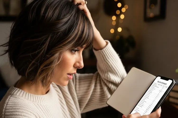 A woman reviewing a small notebook or phone showing salon expenses while touching her short layered hair thoughtfully.