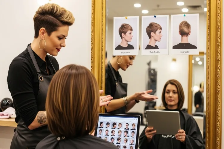 Generate an image showing a woman consulting with her hairstylist.