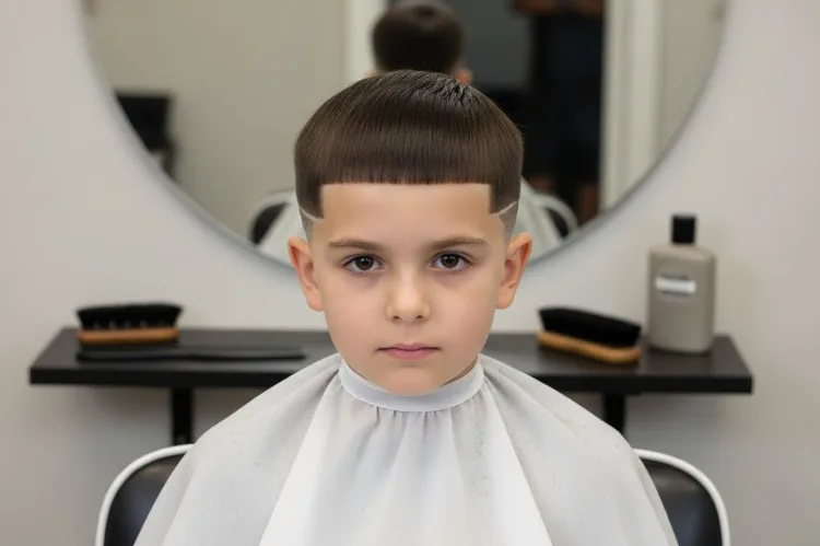 A young boy with very straight hair freshly cut into a neat crew cut.
