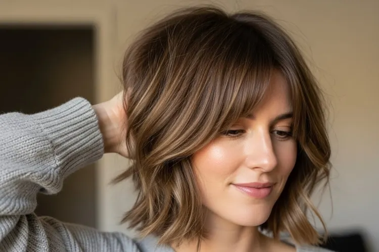 A woman in her early 30s with medium-short layered hair and side-swept bangs.