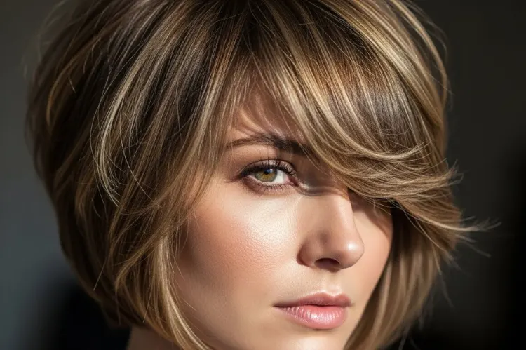 A woman with feathered short layered hair and bangs, hair showing movement and softness.