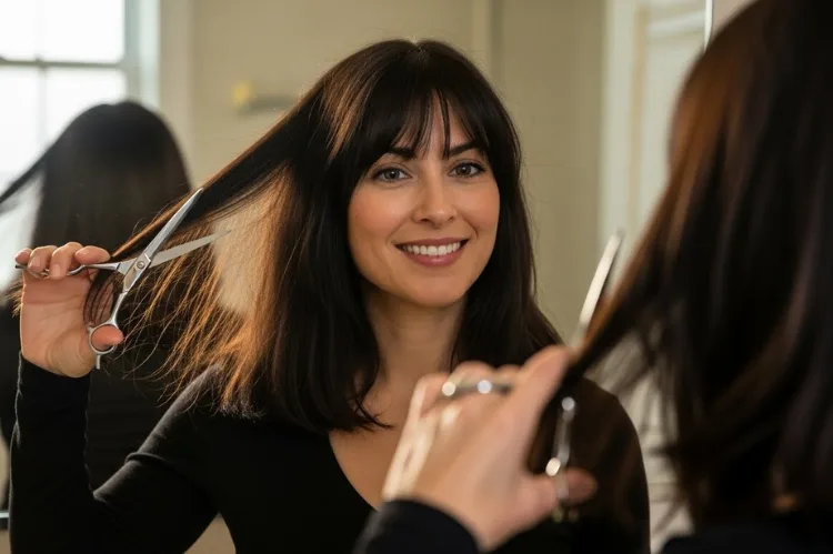 A woman standing in front of a bathroom mirror, holding scissors in one hand and smiling confidently.