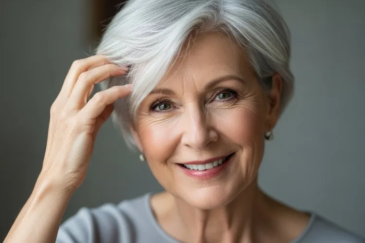 Create a high-quality portrait of a confident woman in her 60s with fine silver hair styled in a soft pixie cut.