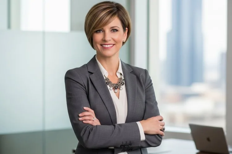 A professional woman with a short layered haircut and side-swept bangs wearing business attire.