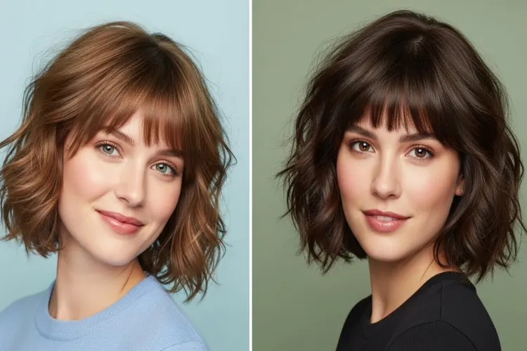 Three side-by-side portraits of women with fine, wavy, and thick hair textures, all styled in short layered haircuts with bangs.ail.