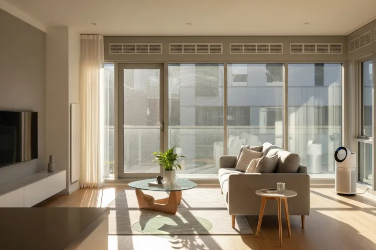 Modern apartment with sunlight streaming through ventilated windows, air purifier in corner.