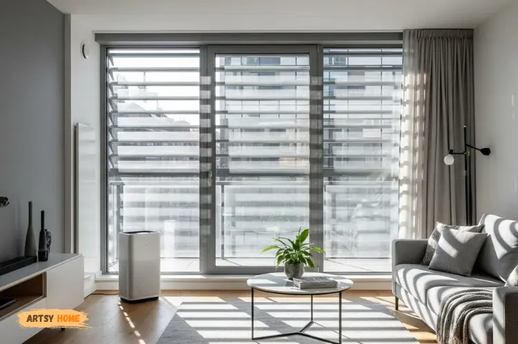 Modern apartment with sunlight streaming through ventilated windows, air purifier in corner.