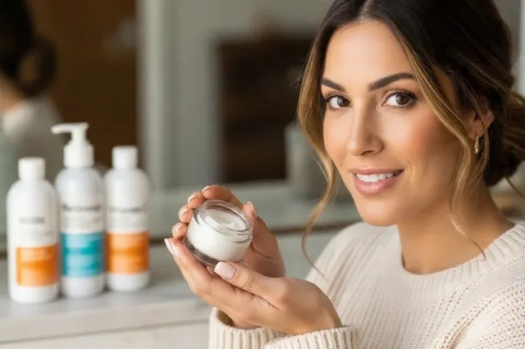 Skincare bottles labeled as acids, retinoids, and vitamin C placed out of focus in the background.