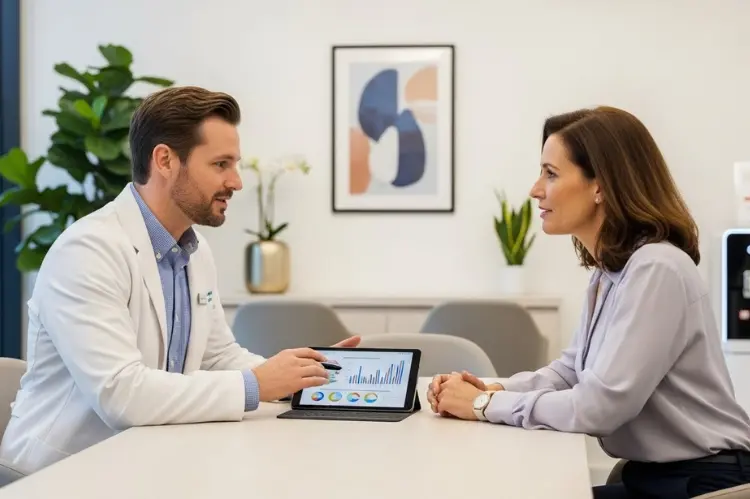 A modern wellness consultation scene between a professional and client, discussing health results.