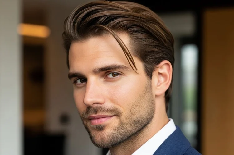 Natural blow-dried texture on straight hair, effortless masculine grooming.