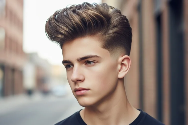 Teen with voluminous blowout top and tapered sides. Athletic, confident style, dynamic lighting.