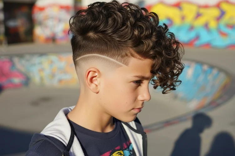 Tween with curly voluminous top and short faded sides. TikTok-inspired trendy hairstyle, youthful vibe.