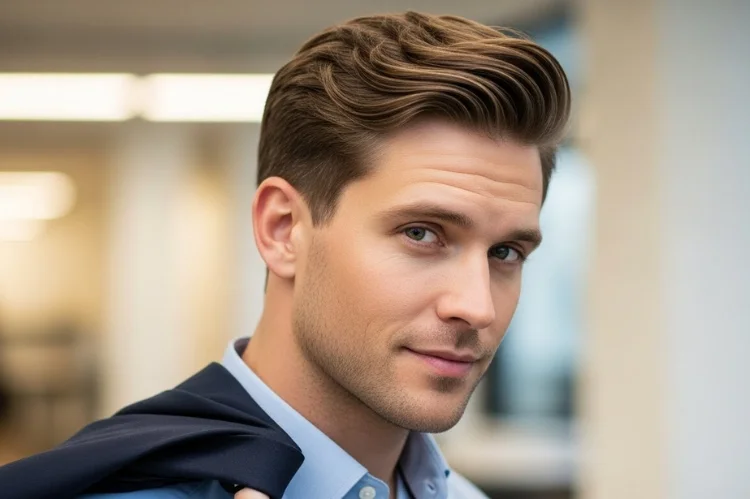 Modern business-casual straight hair haircut, relaxed yet professional.