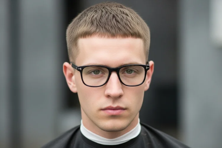 Butch cut hairstyle for men, uniform short length, natural texture, simple low-maintenance haircut.