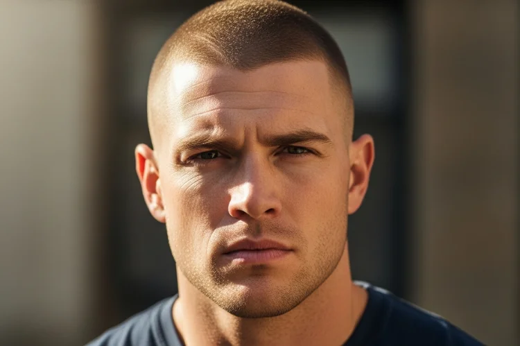 A strong-looking adult man with a buzz cut haircut, uniform short hair length, clean sharp hairline, masculine facial features.