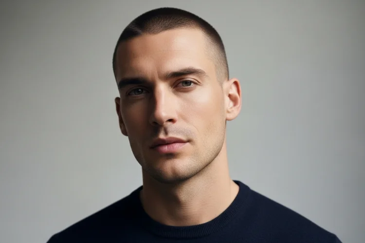 A confident man with an oval face sporting a buzz cut Sharp jawline and cheekbones visible, minimal styling, clean natural lighting.