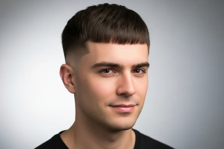 A man with an oval face wearing a modern Caesar haircut. Straight fringe brushed forward.