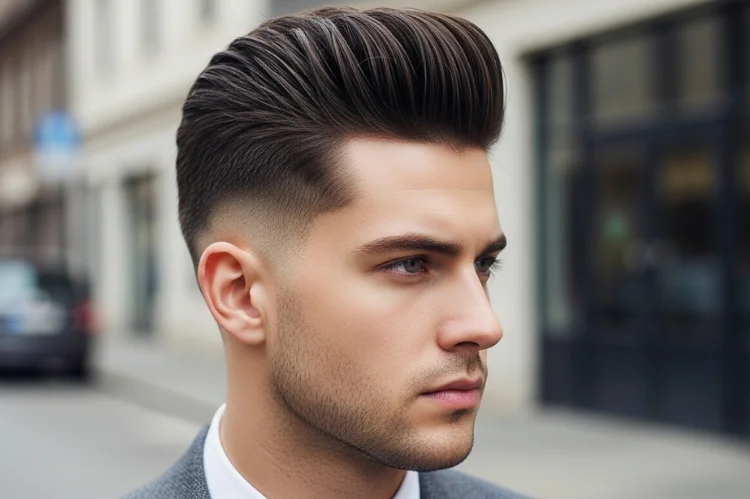 A fashionable man with an oval face wearing a short modern pompadour. Controlled height on top.