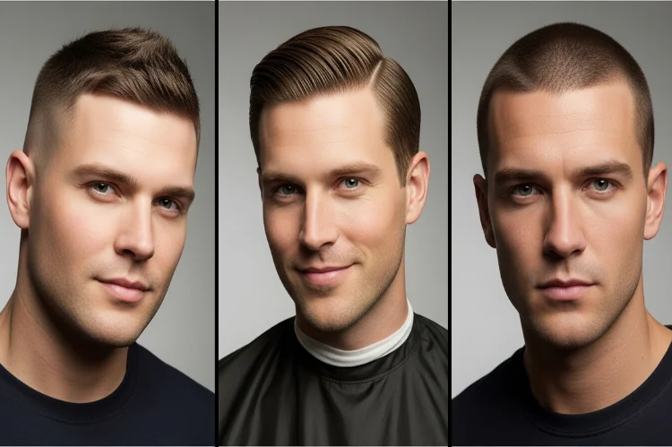 Timeless men’s hairstyles—crew cut, side part, buzz cut. Clean studio portraits.