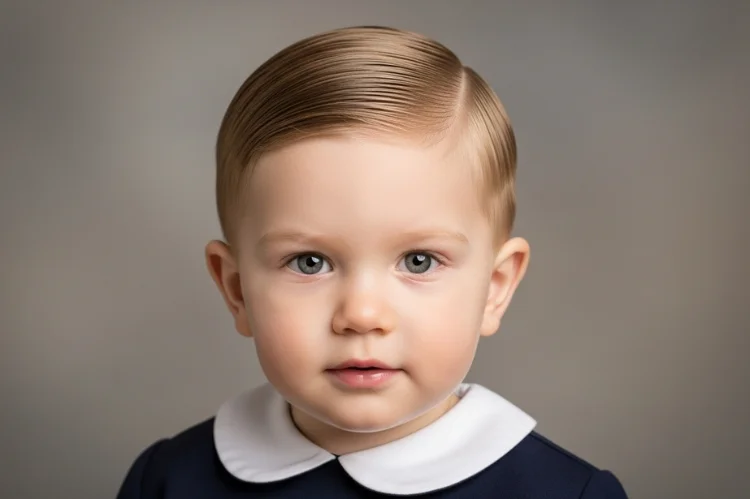 Well-groomed toddler with a neat side-parted short haircut. Formal yet cute, studio portrait, timeless hairstyle aesthetic.
