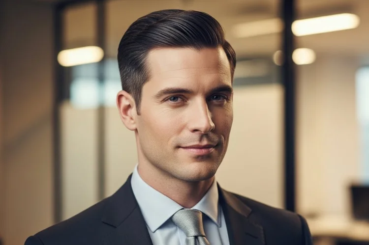 Professional man with straight hair styled in a clean classic side part, subtle fade, polished finish.