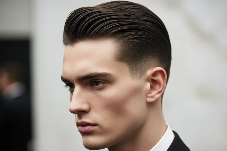 Minimalist swept-back haircut, clean and simple sophistication.