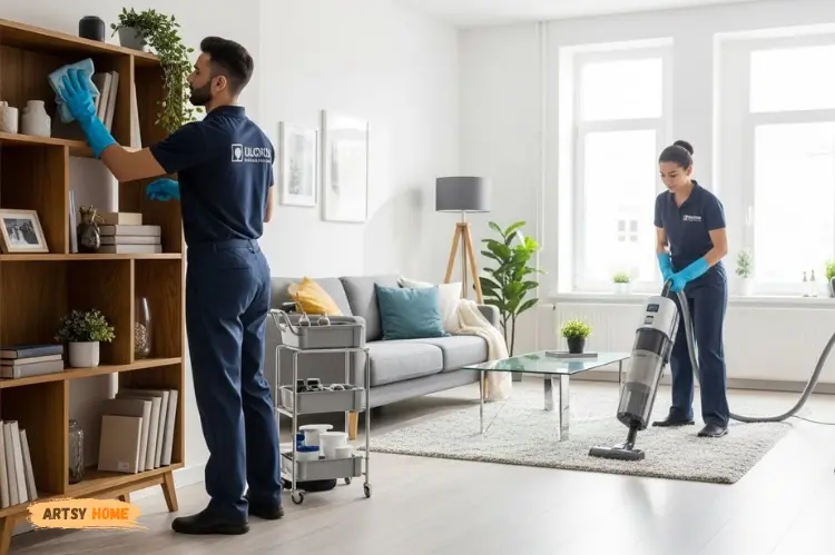 Professional cleaning service in action worker dusting and vacuuming tidy apartment.