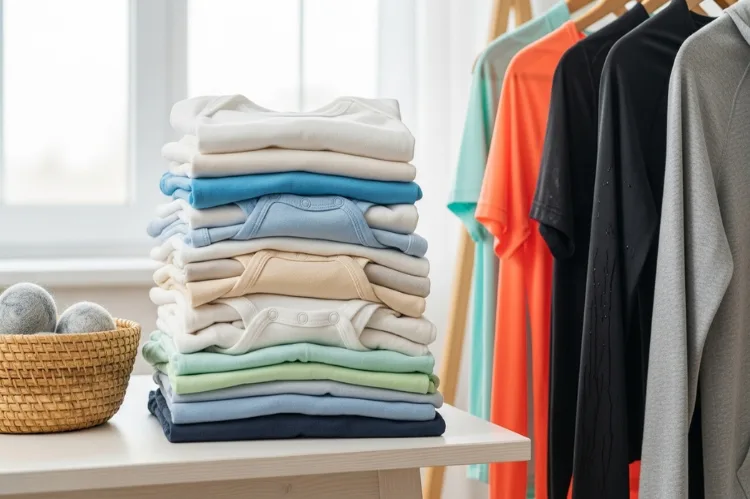 Folded clean cotton and bamboo clothes, washed sportswear hanging.