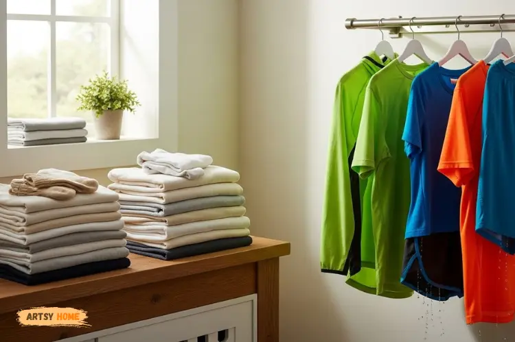 Folded clean cotton and bamboo clothes, washed sportswear hanging.