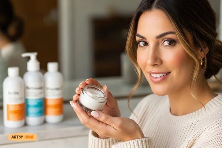 Skincare bottles labeled as acids, retinoids, and vitamin C placed out of focus in the background.