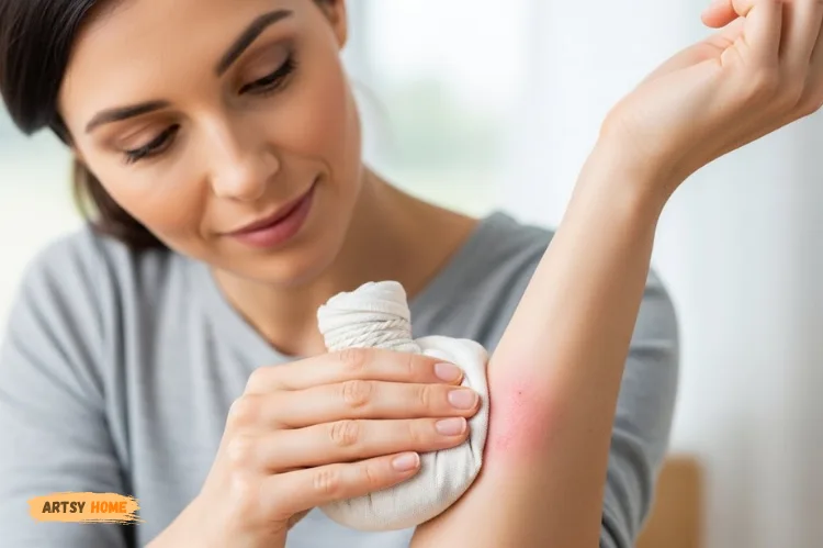 A woman gently applying a cool compress wrapped in soft cloth to inflamed skin, calm expression.