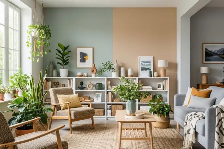 A balanced home interior combining natural light, plants, calming colors, organized layout, and personal decor.