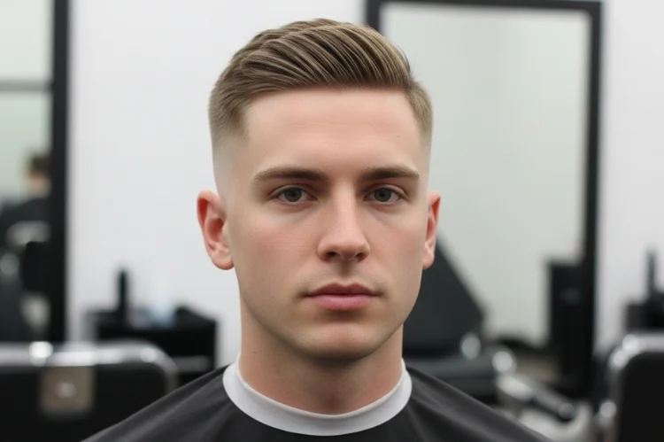 A man with an oval face wearing a classic crew cut. Short tapered sides with slightly longer top, clean neckline.