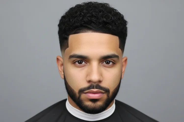 Curly fade haircut on a man with an oval face. Short faded sides with defined natural curls on top.