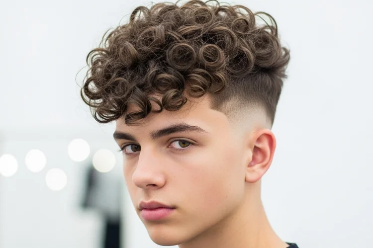 Teen with natural curls on top and faded sides. Texture-focused grooming editorial.