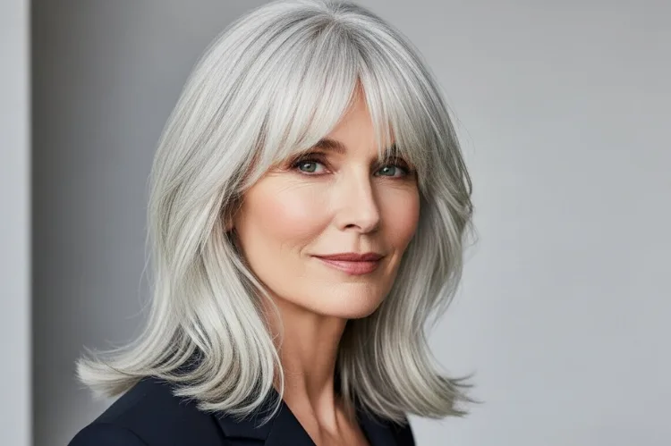 Curtain bangs on medium length silver hair, center-parted fringe, effortless styling, chic mature woman.