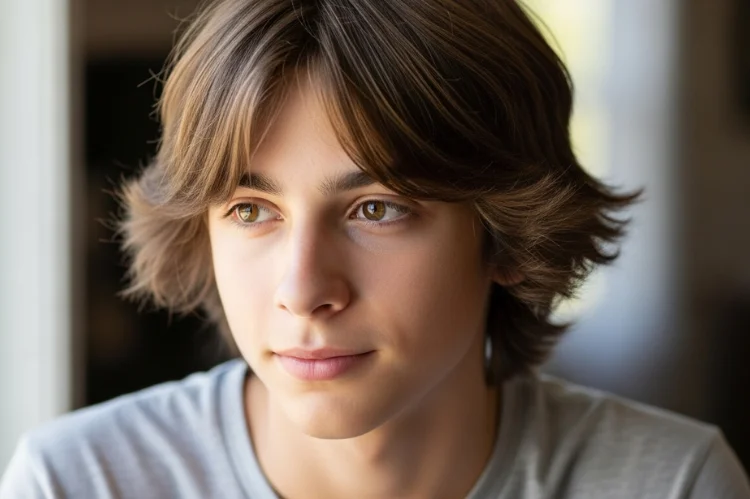 Teen with center-part curtain bangs framing the face. Retro 90s revival hairstyle aesthetic.