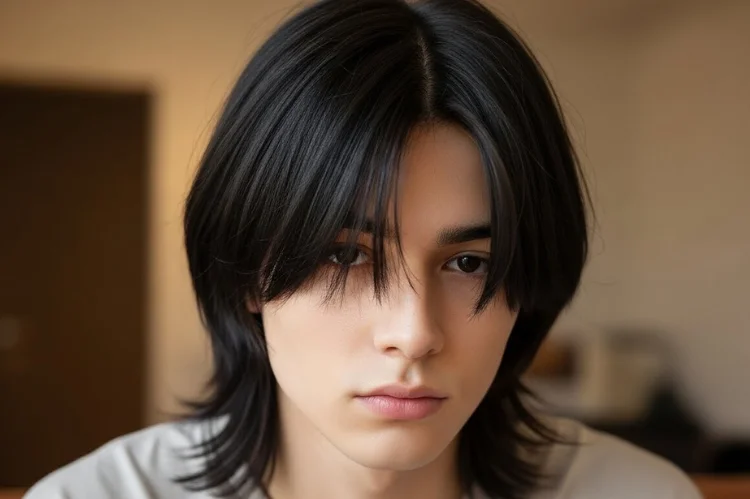 Soft curtain bangs on straight hair, 90s-inspired modern look.