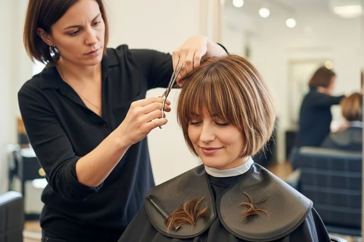 A woman sitting in a salon chair with short layered hair and bangs, stylist trimming her fringe carefully.