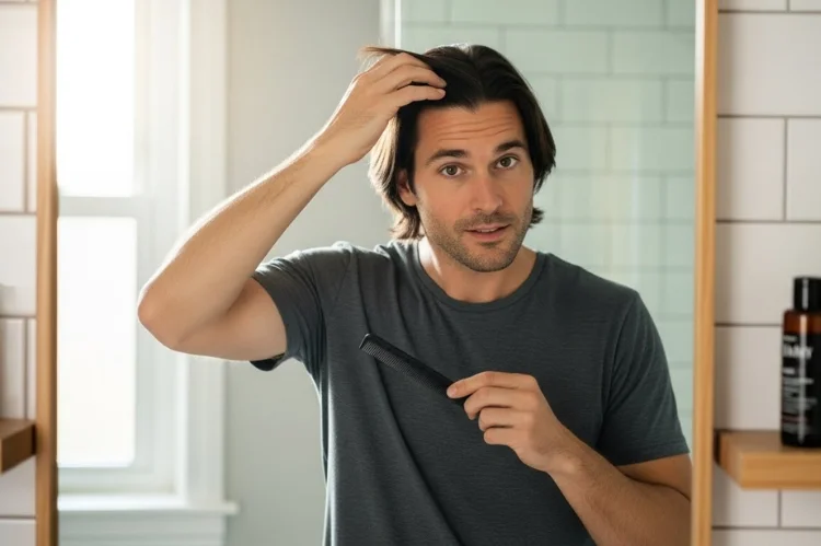 Lifestyle grooming scene of a man with medium-length straight hair styling his haircut at home