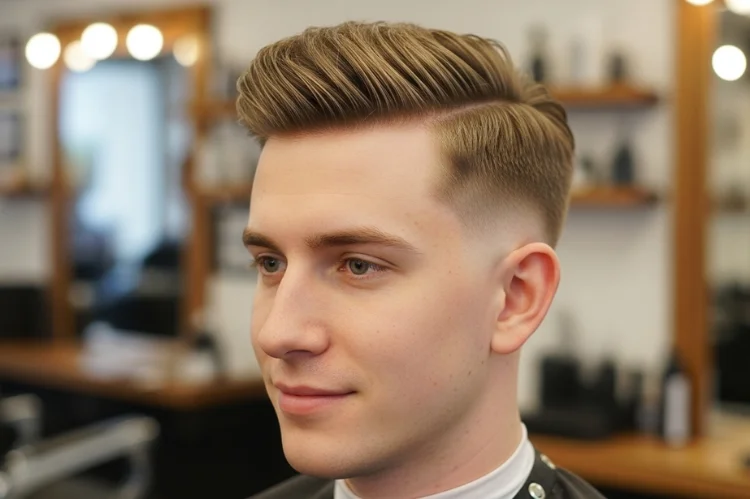 Man with a natural cowlick hairstyle managed properly, short textured haircut working with hair direction, subtle volume control.