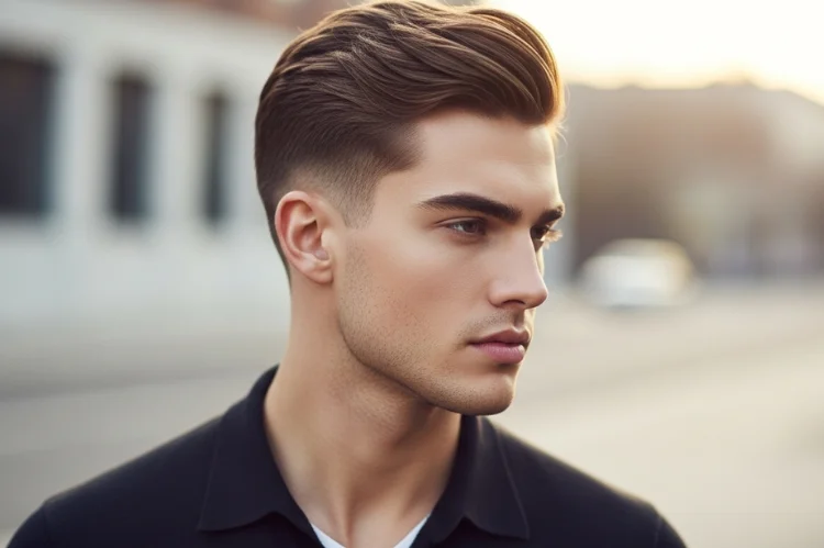 A stylish man with an oval face sporting a clean low fade haircut. Smooth taper around the sides and back.