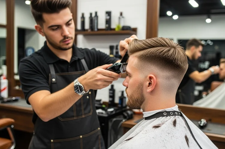 Boy or man with double crown hair growth pattern, short evenly blended haircut, clean professional barber work.