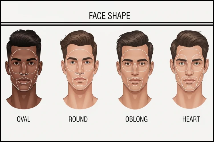 A clean infographic-style portrait showing male face shapes (oval, round, square, oblong, heart) with subtle outlines.