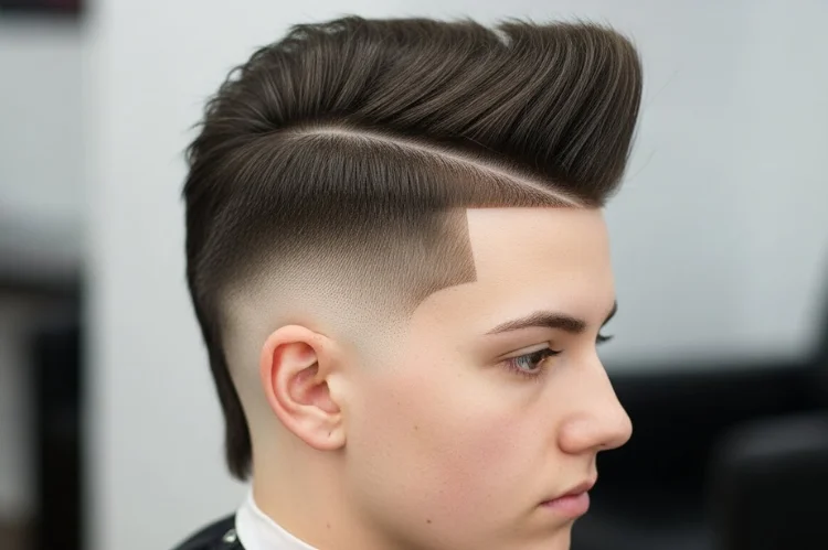 Straight hair faux hawk haircut, edgy but wearable, clean faded sides.
