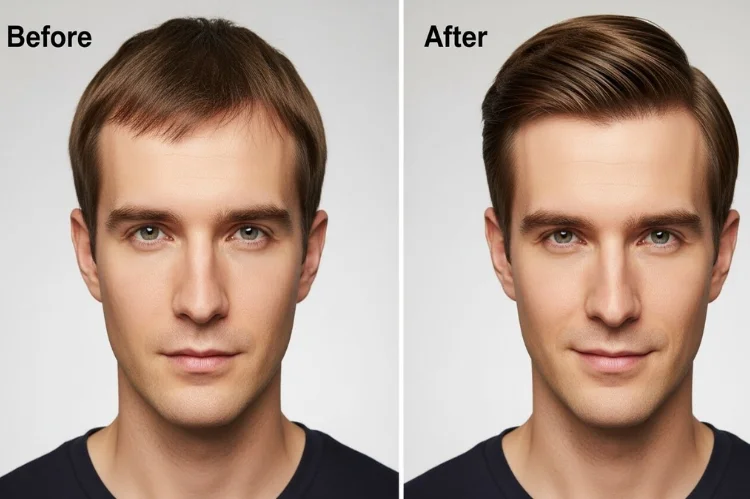 Educational-style image showing a man with straight hair before and after styling.